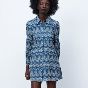 Zara openwork embroidered blue button down dress, M